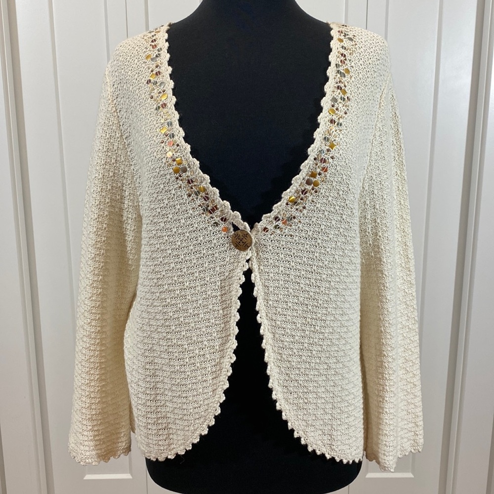 3/$23 Hand crocheted cardigan with sequins